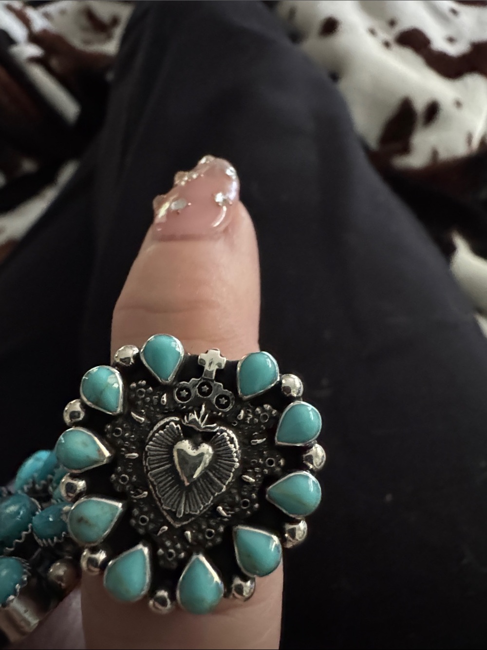 Kingman Turquoise sacred heart and cross 925 silver - Women Jewelry